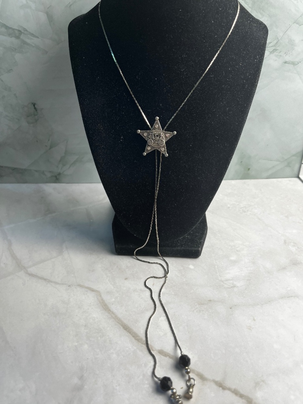Vintage Western bolo tie lariat necklace with a stagecoach 36"